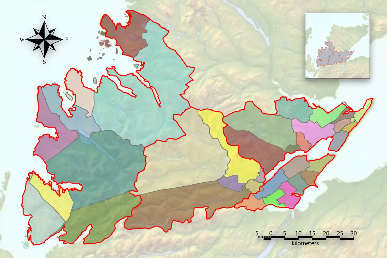 Interactive map of Ross and Cromarty area with each community in a different colour