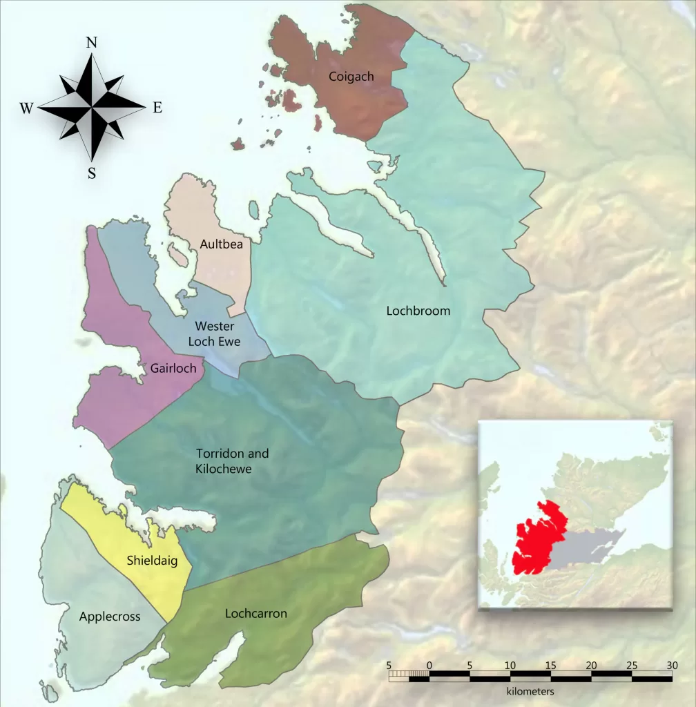Map of the Wester Ross area with each community in a different colour