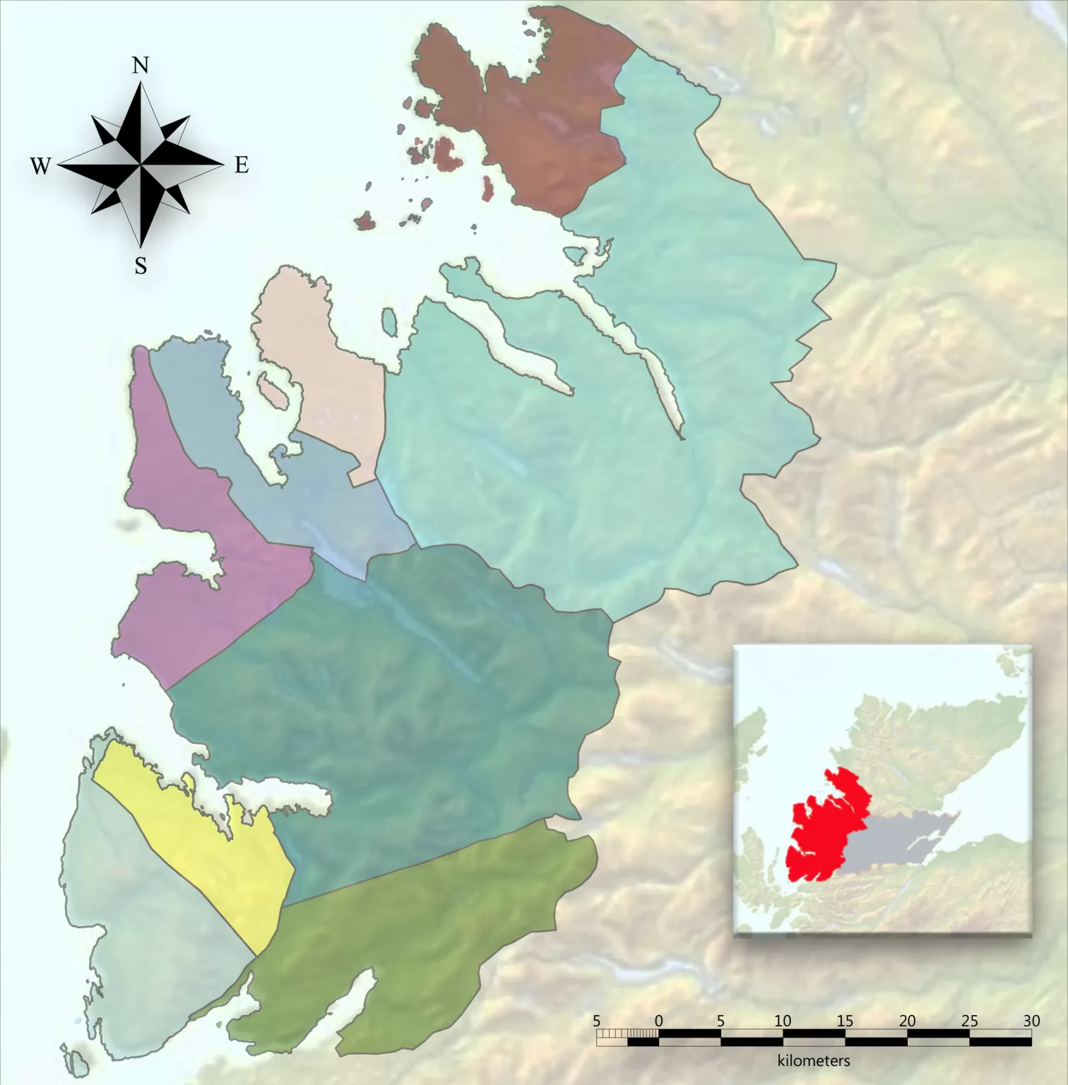 Map of the Wester Ross area with each community in a different colour