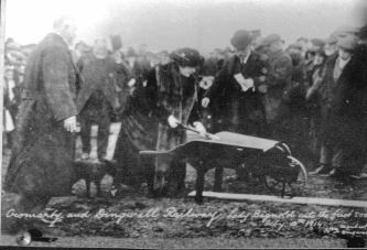 Lady Bignold cutting the first sod of the Cromarty and Dingwall railway line (sic) on 13 February 1914