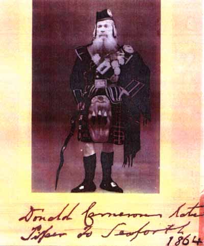Donald Cameron, Piper to Keith Stewart Mackenzie of Seaforth, in 1864