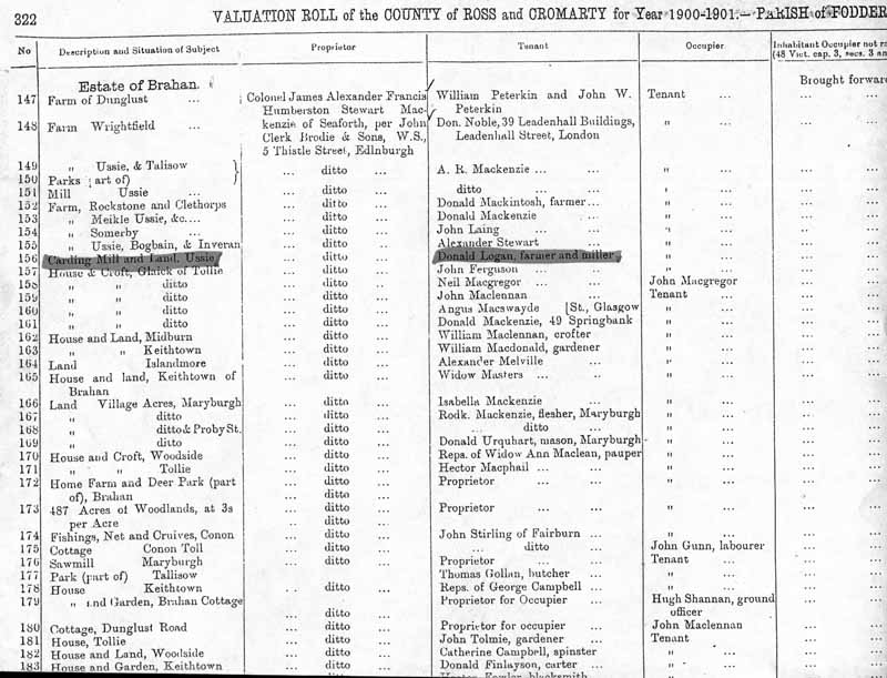 The Fodderty Parish Valuation Roll with the Carden Mill and Land listed