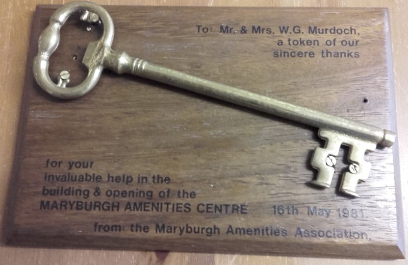 The symbolic key presented to Mr and Mrs Murdoch in appreciation of their support.