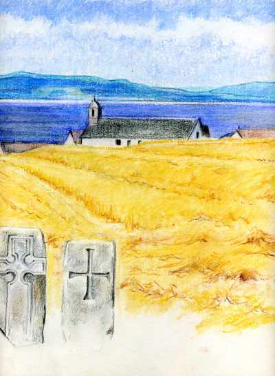 Tarbat Old Parish Church or the Church of St Colman at Portmahomack, Easter Ross, with the Dornoch Firth in the background.