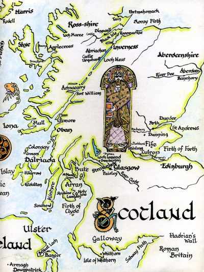 Zoom in Map showing various locations, referred to in the text, which are associated with Scotland's saints.
