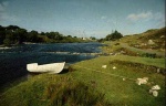 Boat moored on shore of loch