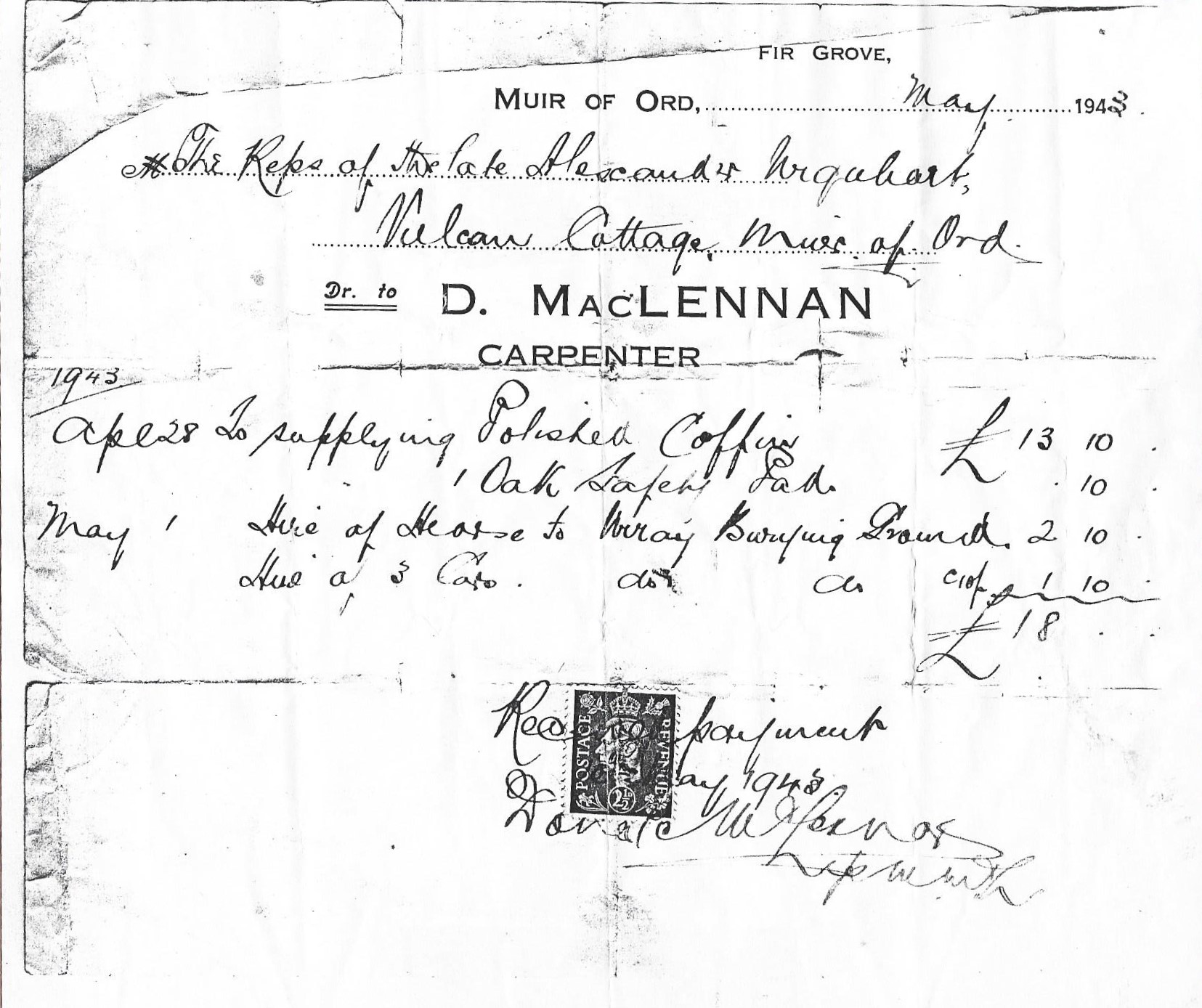 D. MacLennan Undertakers Receipt 1943